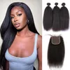 Virgin Kinky proste ludzkie włosy 3 wiązki z koronkowym 4x4 Zamknięcie 100 Virgin Yaki Human Hair Poledle and Closure Free Part Greatremy 30 -cal długości naturalne wygląd