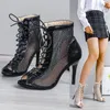 Hollow Mesh Women's Summer Heels Sandals Trend Black Lace-up Sexy Peep Toe Boots Stilettos Jazz Dance Female Shoes 2 57