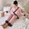 Women's Sleepwear Women Lace Pajamas Sets 2PCS Sexy V-Neck Kimono Bride Dressing Gown Cotton Nightwear Autumn Lounge Homewear Bathrobe