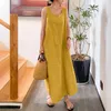 Vestidos casuais verão algodão linho suspender vestido longo seção grande bolso temperamento solto sem mangas mulheres coreanas simples plus size