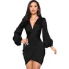 Casual Kleider Seide Midi Kleid Elegante Frauen Laterne Langarm Tiefem V-ausschnitt Geraffte Bodycon Sexy Party Vestidos