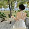 Casual Dresses Elegent Sexy Backless Suspender Evening Dress Summer Holiday Seaside Beach Skirt Slim Puffy Short Skirt White Dress Ball Gown 230420