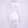 Casual jurken Spring zomer veter uit holle out Zie door volledige mouw feestclub sexy boning corset witte mesh bodycon mini jurk vrouwen