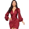 Casual Kleider Seide Midi Kleid Elegante Frauen Laterne Langarm Tiefem V-ausschnitt Geraffte Bodycon Sexy Party Vestidos