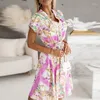 Vestidos casuais camisa solta boho vestido moda mulheres v pescoço padrão impressão elegante manga curta amarrar botão festa