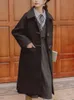 Misto lana da donna Ailegogo Primavera Autunno Donna Bottone in corno vintage Cappotto lungo in lana lungo e caldo Giacca da donna casual in cotone nero
