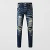 Jeans da uomo High Street Fashion Uomo retrò blu scuro elasticizzato skinny fit in pelle strappata pantaloni di marca hip hop firmati