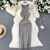 Casual Dresses Halter ärmlös Split Basic Elastic Knit Bodycon Dress French Sexy Chic Elegant Party Vestidos Women Summer Slim