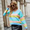 Women's Sweaters Fashion Color Striped Sweater V-neck Knitted Pullover Long Sleeve Top Women Clothing Loose Knitwear Sweet Girls Jumpers
