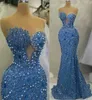 2023 April Aso Ebi Mermaid Crystals Prom Dress Sequined Lace Luxurious Evening Formal Party Second Reception Birthday Engagement Gowns Dresses Robe De Soiree