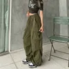 Pantalon Femme Cargo Taille Haute Vintage Gris Lâche Streetwear Baggy Jeans Rétro Sportif Poches Jambe Large Y2K Denim Pantalon Salopette 230419