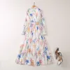 2023 Multicolor Floral Print Belted Dress Long Sleeve Stand Collar Panelled Long Maxi Casual Dresses A3A101459