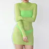 Casual Dresses Neon Green Sexy 2023 Women Spring Long Sleeve O-Neck Mesh Sheer Mini Nightclub Perspective Bodycon Dress Fashion