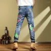 Jeans pour hommes 2023 Printemps Broderie Imprimer Autocollant Tissu Déchiré Pantalon De Mode Européenne Et Américaine Skinny Hommes