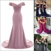 Dammiga rosa brudtärna klänningar sjöjungfru blommig spets applikation pärlstav v hals bröllop gäst kväll klänningar från axel maid av hedersklänning