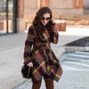 Winterjacke Damen Reversschal Erdfarbe Warme Mode Flauschige Wollmischung Karierter Mantel 2R4SO