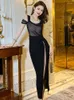 Abiti casual 2023 Summer Nightclub Style da donna Vestito sexy Chic Nero Sheer Mesh Pieghettato Vita alta Split Robe Party Prom Abiti Mujer