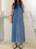 Jeans femininos azul vestido de verão mulheres 2023 moda coreia elegante fina imitação denim vintage solto sem mangas longas roupas de streetwear