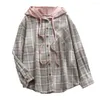 Women's Blouses Long Sleeve Autumn Shirts For Women Classic Plaid Print Patch Pocket Drawstring Casual Hooded Sweatshirt Shirt Female