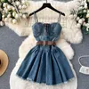 Casual Dresses SINGREINY Fashion Streetwear Denim Dress Spaghetti Strap Cross Lace Up Bow Belt Zipper Pleated Women American Vintage Mini