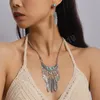 Ethnic Vintage Feather Pendant Necklaces Earrings Jewelry Sets for Women Bohemian Turquoises Blue Stone Necklace Sets