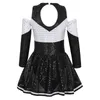 Cheerleading Enfants Filles Paillettes Brillantes Cheerleading Uniforme Costume De Danse À Manches Longues Hors Épaule Encolure Ronde Cheerleader Robe De Danse 230420