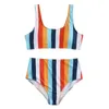 Kvinnors badkläder Kvinnors simning 2023 Kvinnor Randig Push Up High Cut Hight Midje Halter Bikini Set Two Piece Swimsuit Bathing
