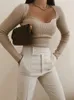 Swimwear voor heren Stijlvol chic beige gebreide gebreide blouse mode sexy vierkante kraag shirts meisjes streetwear casual tops 230420