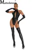 Body da donna sexy con lacci Lingerie body in pelle verniciata con collo a finta tuta con cerniera lucida Catsuit per club pole dance Set completo