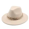 Stingy Brim Hats Fedora Hats for Women Men Wide Brim Thick Gold Chain Band Felted Hat Jazz Cap Winter Autumn Panama Red Luxury Hat Chapeau Femme 220514