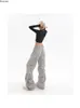Damen Hosen Y2K Lässig Weites Bein Elastische Taille 2023 Frühling Koreanische Streetwear Übergroße Hohe Jogger Graue Faltenhose 230420