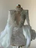 White Lace Embellished Short Cocktail Party Dresses Lace Crystal Beaded Long Sleeve Ruffles Floral Prom Second Gown Wear