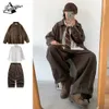 Tute da uomo Retro Set Uomo Donna Giacca in pelle da motociclista allentata effetto vissuto Pantaloni cargo dritti Hip Hop Camicia casual in tinta unita Tre pezzi 231120