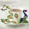 Tasses HF Creative 1 Set Paon Café Soucoupe Céramique Bone China 3D Couleur Émail Porcelaine Tasse Avec Et Cuillère
