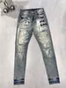 jeans viola jeans da uomo nero streetwear in difficoltà moda slim ricamato lettere motivo patchwork jeans strappati skinny elasticizzati danneggiati jeans di qualità di fascia alta