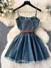 Sıradan Elbiseler Tekerize Moda Sokak Giyim Denim Elbise Spagetti Kayış Çapraz Dantel Yukarı Yay Kemeri Fermuarı Pileli Kadınlar Amerikan Vintage Mini