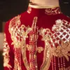 Vêtements Ethniques FZSLCYIYI Paillettes Broderie Perlée Bordeaux Velour Chinois Mariée Époux Robe De Mariée Cheongsam Mariage Élégant Qipao