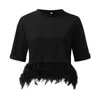 T-shirt féminin Plumes à manches courtes Crop top femmes Black Summer Blanc Furry O-cou t-shirts femelles Elegant Y2k Sexy Club Party Tops