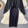 Zweiteiliges Kleid mit Fledermausärmeln, O-Ausschnitt, gebürstetes, gestricktes, ärmelloses Tanktop für Damen 231118