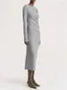 Casual Dresses Women Pleated Slit Midi Dress Gray Black O-neck Simple Long Sleeve Female Robes 2023 Early Autumn