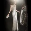 Серебряная русалка коктейль-платье из бисера кисточки Блинг высокие воротнички аппликация
