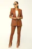 tweedelige damesbroek Echoine Effen PU-leer Turndown-kraag Blazer-broek Tweedelige set Geplooide zak met halve mouwen Formeel zakelijk OL Office Blaze 24JF#