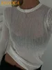 Womens TShirt Fashion White Elegant Striped See Through Women Tops Abiti a maniche lunghe Magliette Tees Skinny Club Party Clothes 230419