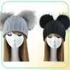 Winter Real Fur Ball Beanie Hat for Women Ladies Natural Raccoon Fur Pom Pom Skullies Beanie Hat With 2 Pompom