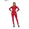 Erotic Sexy Crotchless Latex Bodysuit Double Zipper Dress For Hot Women Breast Exposing Open Crotch Leather Catsuit Lingerie