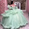 فاخرة الحكيم الأخضر quinceanera فساتين الأميرة كرات الكريستال الخرز من الدرجة tull gilr عيد ميلاد حفلة موسيقية حلوة Vestidos de 15