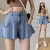 Kvinnors shorts sommar mode elegant temperament design blossed kjol lös hög midja bred ben ruffle denim shorts kvinnlig trend gata stil 230420