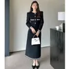 Work Dresses Korea Elegant Women Black Matching Set French Vintage Coat Midi Skirt Fashion OL Patchwork 2PCS Retro Office Lady Outfits