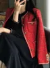 Womens Jackets Zoki Christmas Red Tweed Jacket Elegant Button South Korean Short Coat Fashion ONeck Long Sleeve Casual Design Sweet Top 231120