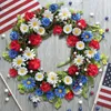 Dekorativa blommor 15,75 tum amerikansk patriotisk krans för ytterdörren fjärde juli självständighetsdagen röd vit och blå rulle känsla fyllmedel